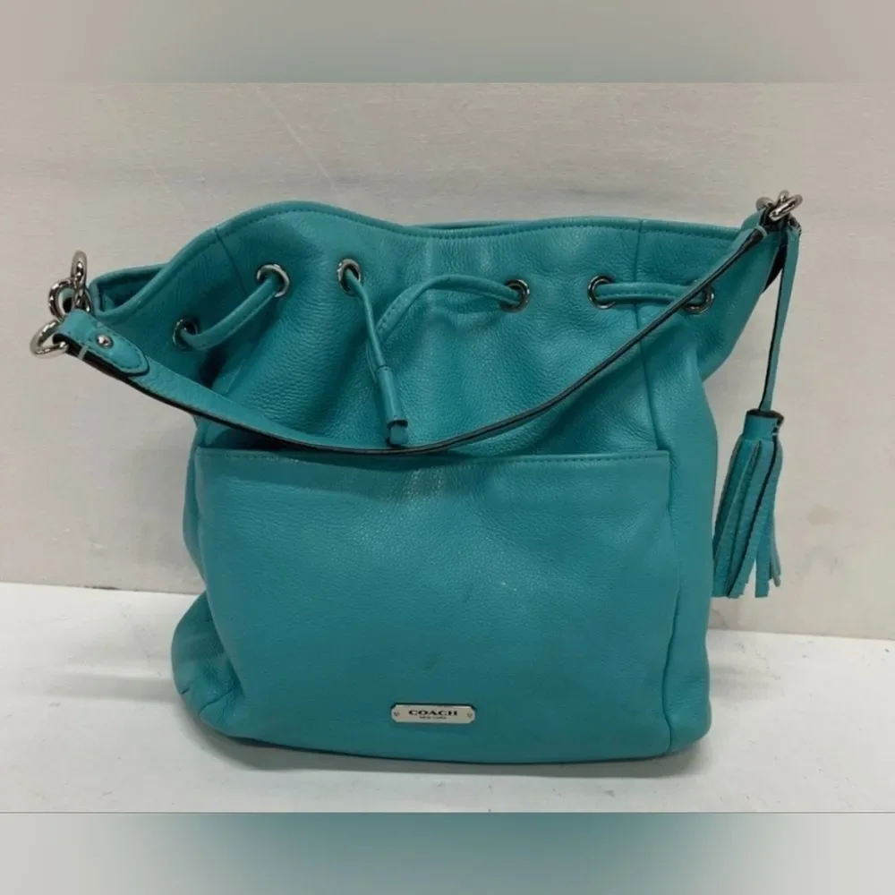 COACH Designer Blue AVERY LEATHER Drawstring Bucket Bag Purse Handbag